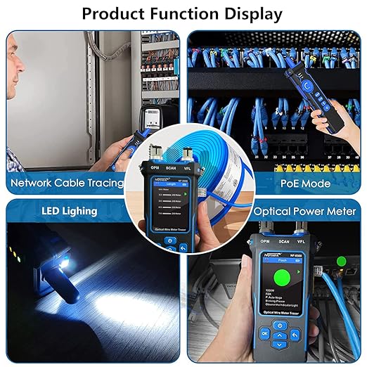 NOYAFA NF-8508 Network Cable Tester with 7 wavelength Optical Power Meter VFL,RJ11 RJ45/PoE Tester/CAT5 CAT6/NCV with 10mw Visual Fault Locator,Network Tool with Lithium Battery