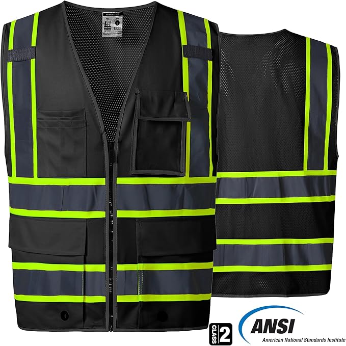 SKSAFETY 10 Pockets Safety Vest, Class 2 High Visibility Security with Zipper Back Mesh, Hi Vis Vest with Reflective Strips, ANSI/ISEA Standard, Construction Work Vest for Men ＆ Women （Black, 3XL）