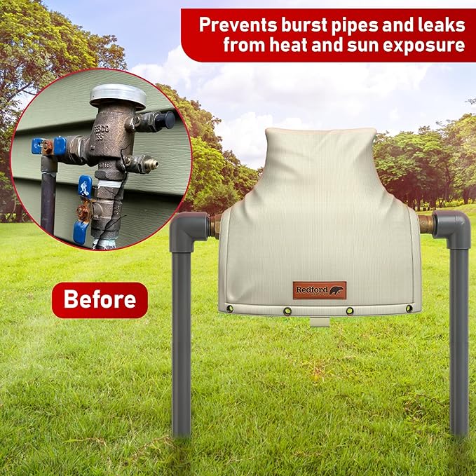 Redford Supply Co. Cold Snap (0°F) Backflow Preventer Insulation Cover, 14"W x 13"H, Pipe Insulation, Water Sprinkler Covers for Outside, Sprinkler Backflow Cover for Winter, Well Pump Bag (Beige)
