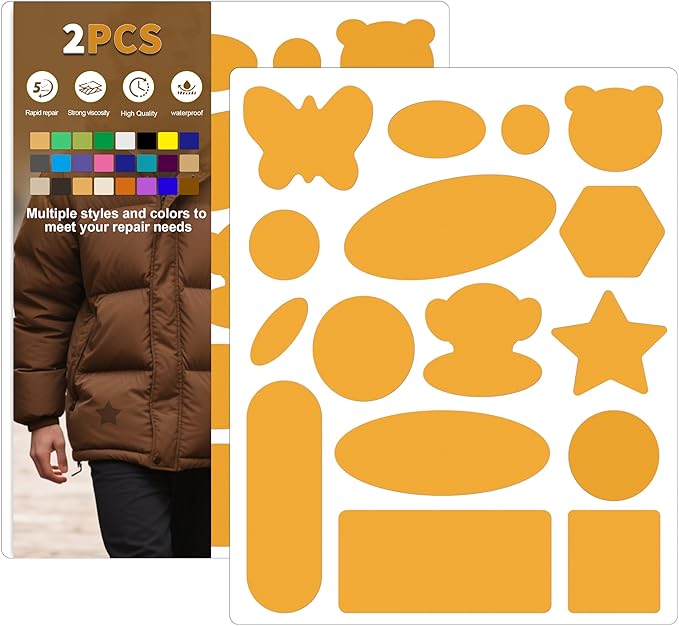 Azobur Down Jacket Repair Patches-Waterproof, Self-Adhesive,Nylon Fabric Patches for Puffy Jackets, Rain and Snow Gear, Tents, Sleeping Bag and More(Tangerine Yellow，2pcs)