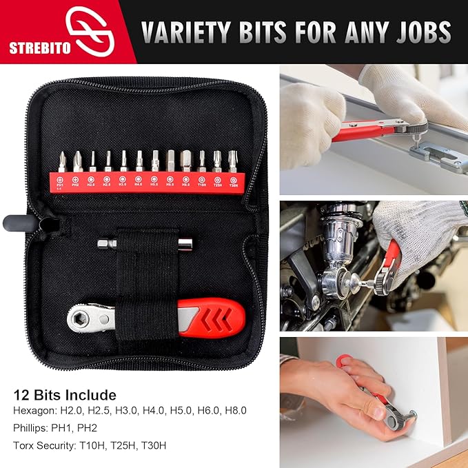 STREBITO Right Angle Screwdriver 14 Piece Mini Ratchet Set, Offset Screwdriver Low Profile Ratchet Screwdriver Set with 1/4 Ratchet, Hex, Phillips, and Torx, EDC Bit Driver for Tight Spaces, Bike