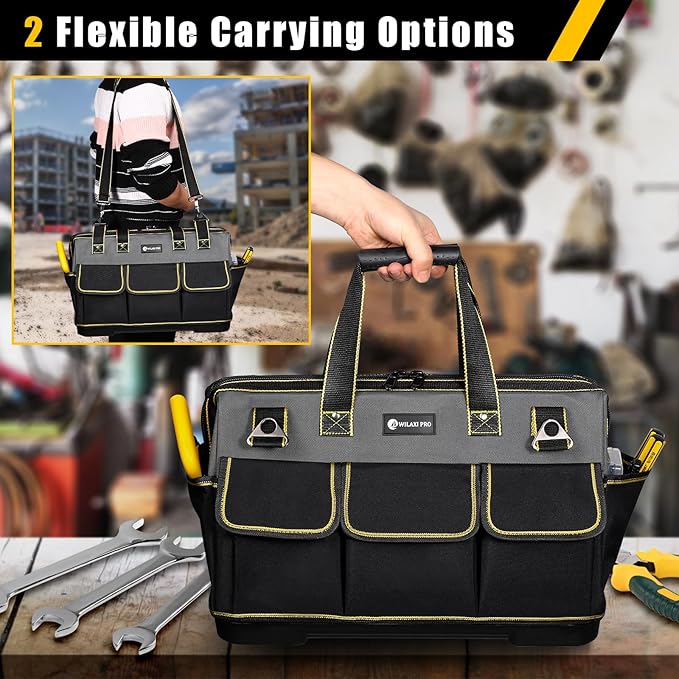 17 in Tool Bag For Men with Waterproof Molded Base, High Capacity Wide Mouth Tote, Construction Worker Electricians Tool Bags, Large Tool Bag Organizer for Men Women (GREY)