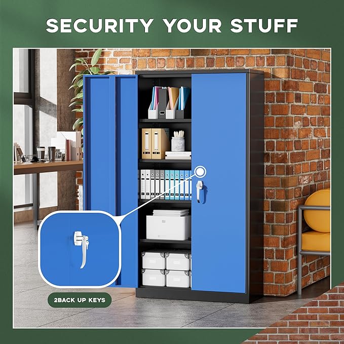 Greenvelly Metal Garage Storage Cabinet, 72" Black Blue Tool Steel Locking Cabinet with Doors and 4 Shelves, Tall Cabinets for Garage Storage Systems Lockable File Cabinet for Home Office,Garage