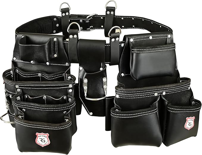 Leather Tool Belt with Adjustable Hook - Premium Heavy Duty Tool Belts for Men with 22 Multi-Purpose Pocket Tool Pouch (Black, Standard), RG-004