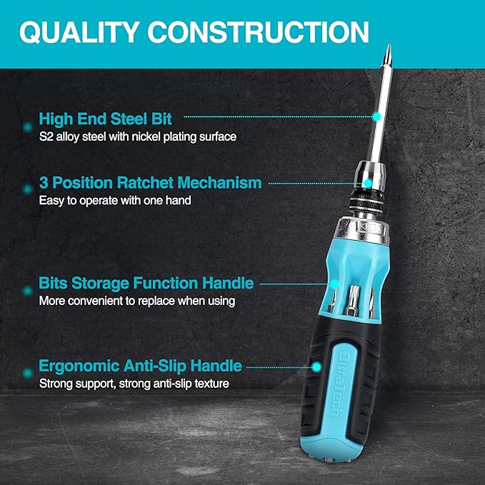 DURATECH Ratcheting Screwdriver, 12-in-1 Multi-bit Screw Drivers, Premium S2 Steel, Innovated Bits Quick-Load Mechanism, with Phillips, Slotted, Torx, Square Bits Stored in Handle