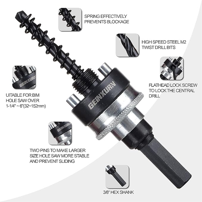 Heavy Duty Quick Change Hole Saw Mandrel, 7/16-Inch and 3/8 Inch Hole Saw Arbor with 3Pcs Central Drill/2PCS Hex wrench/2Pcs Spring