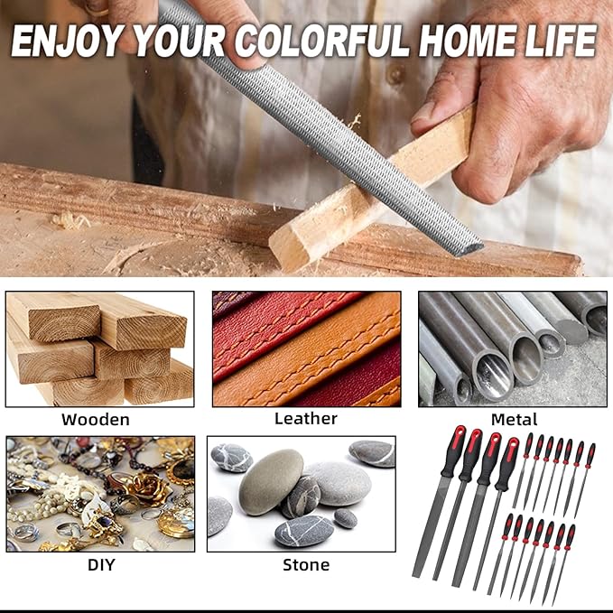 NORTOOLS 19 PCS Metal File Set, T12 Metal Files for Steel,Flat/Round/Triangle/Half-Round Hand Set with Needle File & Steel Brush for Metals, Metalworking & Woodworking
