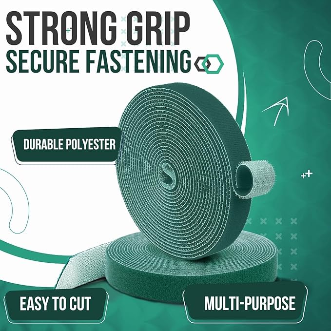 TNP Hook and Loop Tape Strap Cable Ties Fastener (Green) (15 Feet) - Sticky Self Adhesive Nylon Fabric Roll Wrap 0.75" Wide 5 Yards Reusable for Cutting Custom Length Cord Wire Fastening