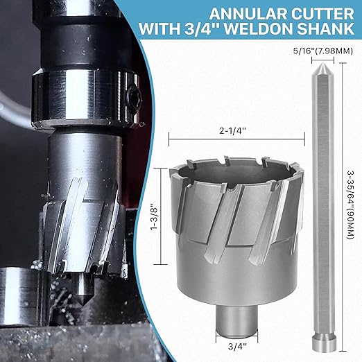 KEENTECH Carbide-Tipped Annular Cutter, 2-1/4" Diameter x 1-3/8" Depth, 3/4" Weldon Shank (2 Flat), High Speed Cutting TCT Mag Drill Bit with Pilot Pin for Harder Material, Stainless Steel, Cast Iron
