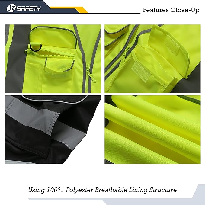 JKSafety 9 Pockets High Visibility Zipper Front Safety Vest With Reflective Strips,Meets ANSI/ISEA Standard (150-Yellow-Black, 3XL)
