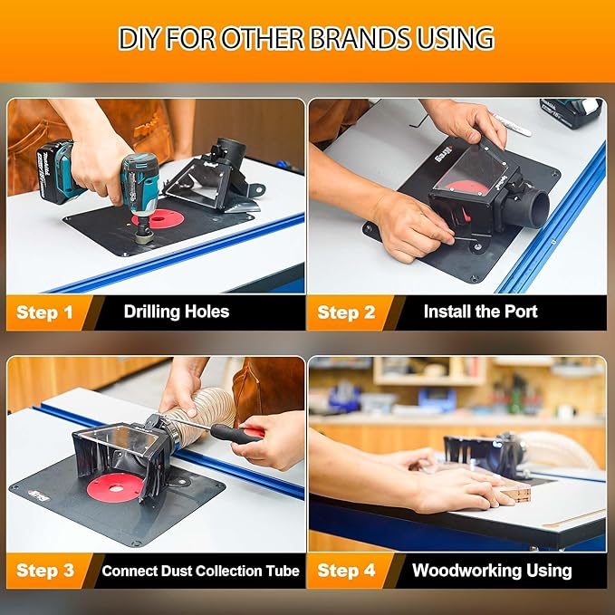 SpeTool Router Table Plate Dust Hood Collector with 2.5" OD Port for Collection Hose, Transparent Acrylic Window with LED Light Clear Visibility, Drill-Holes for DIY Compatible with Insert Plate