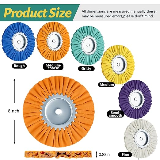 Amylove 8 Inch Airway Buffing Wheels Aluminum Wheel Polishing Kit in Diameter 5/8 Inch Arbor Hole, Polishing Compound and Metal Polish Kit for Angle Grinder(Multicolor,12 Pcs)