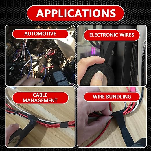 SWRT Wire Harness Tape, 3/4 Inch × 50 Feet, 12 Packs (600 Feet Total), Self-Adhesive Black Cloth Electrical Tape for Automotive Use, High Temperature Resistance Felt Tape.