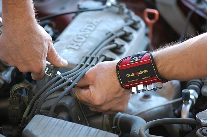 MagnoGrip Magnetic Wristband for Holding Screws, Nails, Drill Bits, Super Strong Magnets, Adjustable Strap, Essential Tool for DIYers, Handyman, Mechanics, Construction & Home Improvement - Red