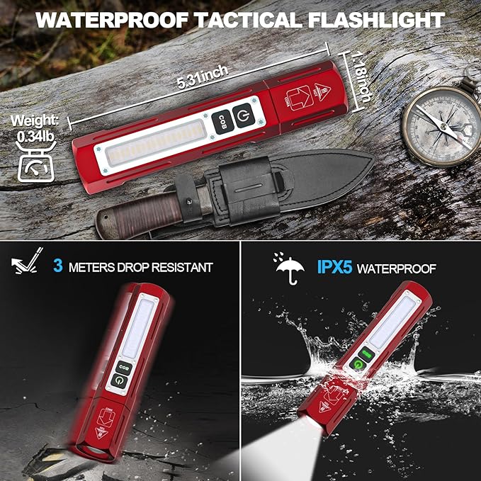 Rechargeable Flashlights High Lumens - Super Bright Small Pocket Magnetic Flashlight, 8 Modes LED Tactical Flash Light, Dual Button Powerful Flashlight for Camping (1, Red)