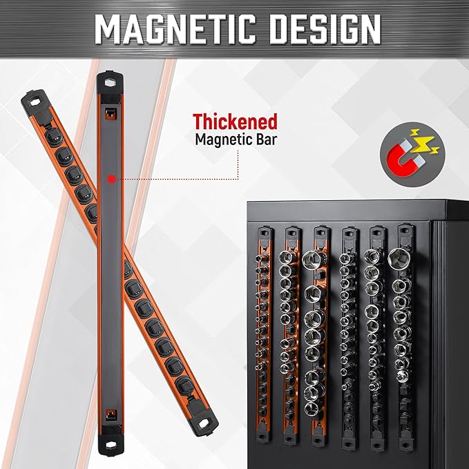 ALOANES 3/8-Inch Drive Magnetic Socket Organizer, Heavy Duty Aluminum Socket Rail Organizer, 360° Swivel Clips Socket Holder Kit for Tool Box, 3/8-Inch Socket Holder x 14 Clips (Orange)