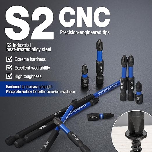 WORKPRO 12pcs PH2 Impact Phillips Screwdriver Bit Set, S2 Professional CNC Anti-Slip Magnetism Bits, 1/4" Hex-Shank #2 Phillips Impact Driver Bits, 1-6" Long Impact Screwdriving Bits with Holder
