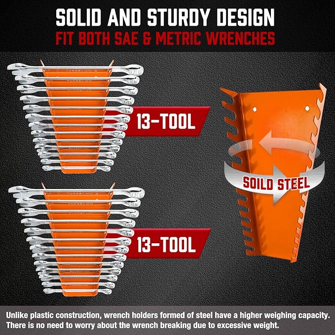 ALOANES 104-Slot Metal Wrench Organizer, Heavy Duty Wrench Organizer Tray for Tool Box, Fit SAE & Metric Wrench Storage, 8 Pack Wrench Holders(Orange)