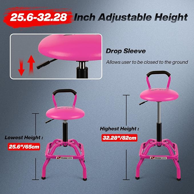 Garage Stool, Adjustable Height Swivel Work Mechanic Shop Stool with Backrest, Pneumatic Shop Chair for Home, Workshop, 300 LBS Capacity, 360° Rotation, Heavy Duty, Pink
