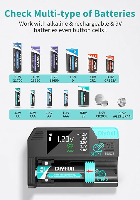 Universal Battery Tester, Dlypow Small Digital Battery Checker with LCD Display for Household Batteries AA AAA C D 9V 18650 CR123A LR44 CR2032 CR2 CRV3 1.5V/3V Button Cell Batteries, Cable Included