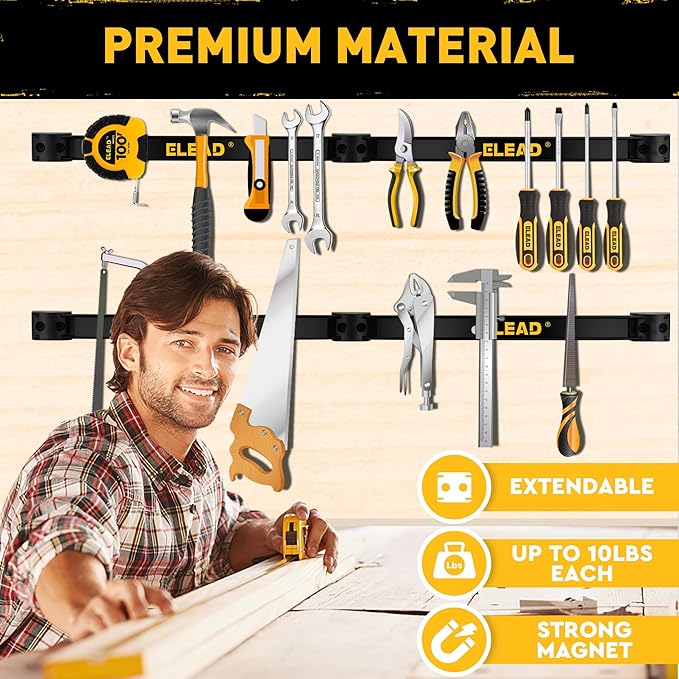 ELEAD Magnetic Storage Organizer Tool Holder - 9-Piece Wall Mount Rack Garage Organization Power Magnet Hanger Workbench Board Slatwall Van Organizers Mounted Hanging Strip