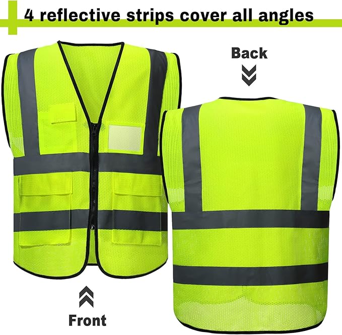 25 Pack Safety Vests Bulk Yellow Reflective High Visibility Vest with Mesh Pocket Zipper, Hi Vis Silver Strip for Men, Neon