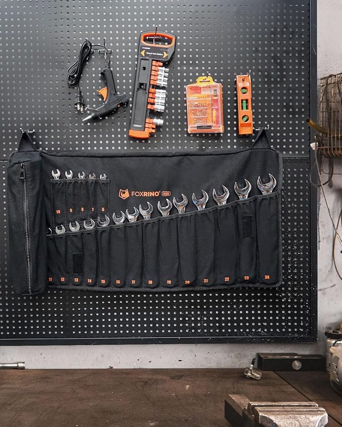 Wrench Roll, Wrench Roll Up Pouch, Gifts for Men Father Dad Mechanic, Heavy Duty Canvas Wrench Organizer Bag (Black, 19+1 Metric)