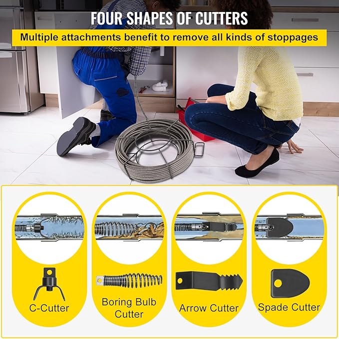 VEVOR Drain Cleaning Cable 50ft x 1/2 inch Solid Core Cable Sewer Cable, Drain Auger Cable Cleaner, Snake Clog Pipe Drain Cleaning Cable W/Four Shapes of Cutters