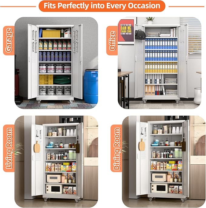 71" Metal Storage Cabinet with Wheels and Pegboard, Lockable Rolling Steel Storage Cabinet with 5 Adjustable Shelves and Door for Garage, Office, Kitchen, Assembly Required,White