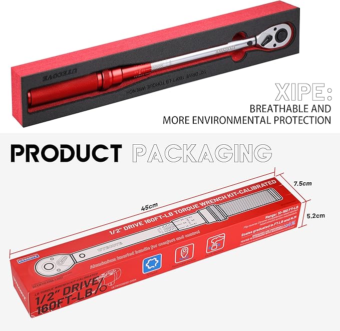 1/2-Inch Drive Click Torque Wrench, Torque Wrench 1/2 Drive 10-160FT.LB/13.6-217N.M with a XIPE Storage Tray, Red