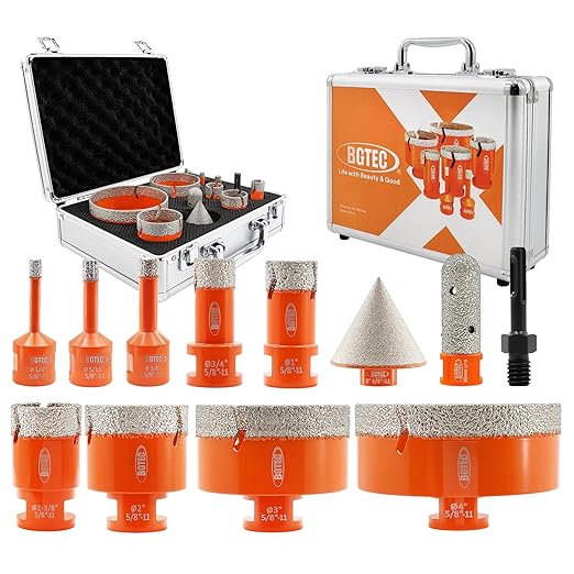 BGTEC Tile Hole Saw Kit Diamond - 12PCS 5/8-11 Thread Drill Bit 6/8/10/19/25/35/50/75/102mm+50mm Chamfer Bit+20mm Finger Bit+SDS Adapter for Pocelian Tile Ceramic Marble Granite Stoneware