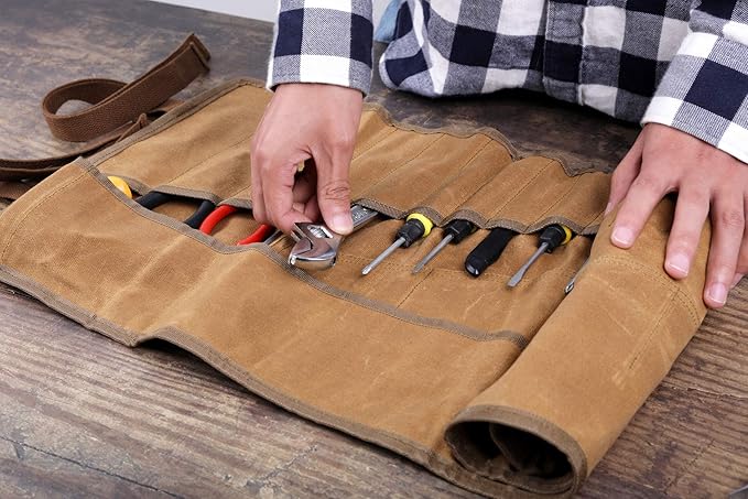 20+4 Pockets Roll Up Pouch, Hand Tool Roll Bag, Durable 16OZ Waxed Canvas Wrench Roll for Metric or SAE (Khaki)