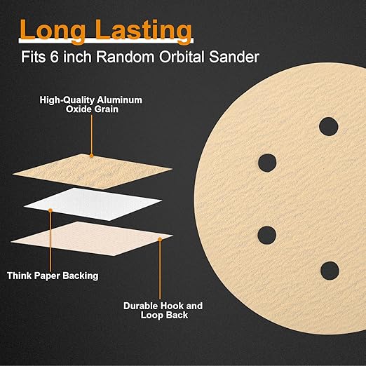 100 PCS 6 Inch Sanding Discs 120 Grit, 6 Hole Hook and Loop Round Sandpaper for Random Orbital Sander