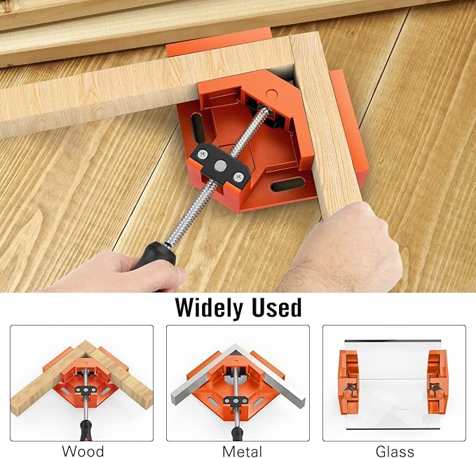 Right Angle Clamp, Housolution [4 PACK] Single Handle 90° Aluminum Alloy Corner Clamp, Right Angle Clip Clamp Tool Woodworking Photo Frame Vise Holder with Adjustable Swing Jaw - Orange