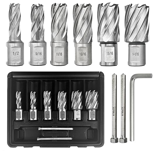 Pro Edge 6pcs Annular Cutter Set, 1" Cutting Depth, 1/2" to 1-1/16" Cutting Diameter, M2 Mag Drill Bits for Magnetic Drill Press with 2 Pilot Pin & 1 Hex Wrench, for Steel, Aluminum, Copper
