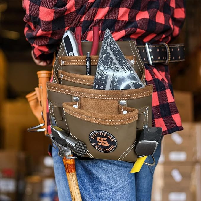Supreme Leather Tool Pouch for Construction Carpenter Tool Bag Electrician's Pouch | 10 Pockets 2 Stainless Steel Hammer Holders Top Grain Leather Bag