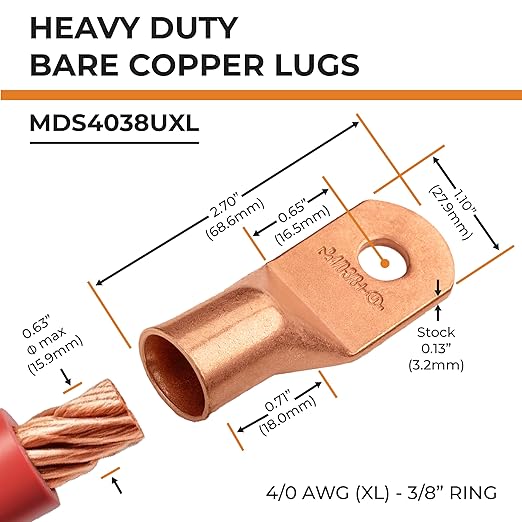 SELTERM 5pcs 4/0 AWG (XL) 3/8" Stud Copper Wire Lugs, Ring Terminals, Battery Cable Ends, 0000 Gauge Ring Terminal Connectors, UL Heavy Duty Bare Copper Eyelets Battery Terminal Connectors