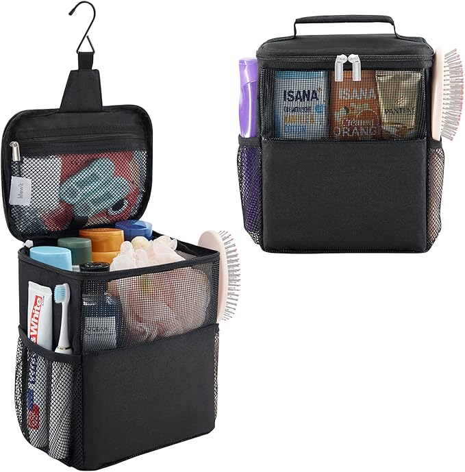 Lifewit Mesh Shower Caddy Bag Portable College Dorm Room Essentials Caddy Tote Basket for Bathroom, Gym, Travel, Camping Quick Dry Hanging Shower Organizer Toiletry Bag for Women Wen, Medium, Black