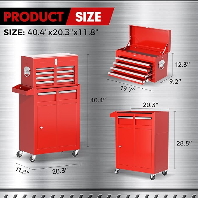 Crownland 5-Drawer Rolling Tool Chest with Wheels, Lockable 2 in 1 Detachable Tool Cabinet wit Drawers and Black Liners, Garage Top Toolbox & Bottom Storage Cart with Side Hooks(Red)