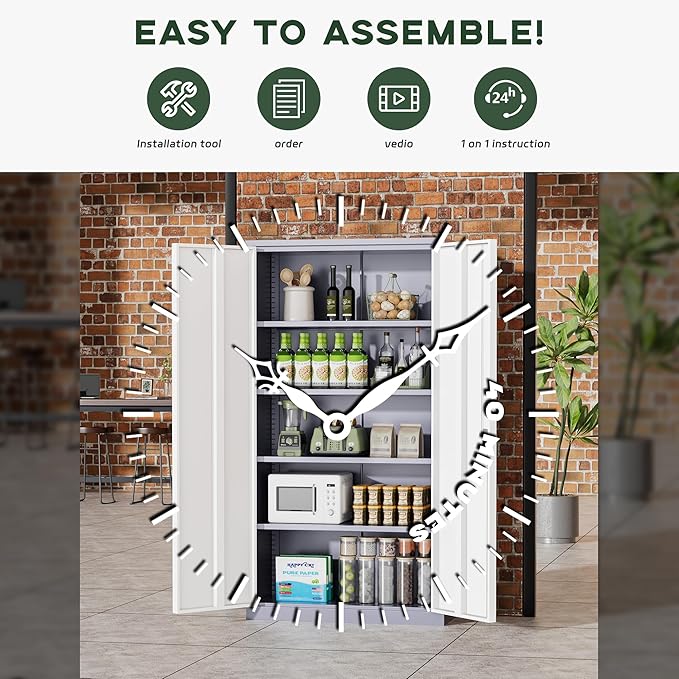 Greenvelly Metal Garage Storage Cabinet, 72" Locking Metal Cabinet with 2 Doors and 4 Adjustable Shelves, Grey White Steel Tool Organization for Home, Office, Garage (36" W x 18" D)