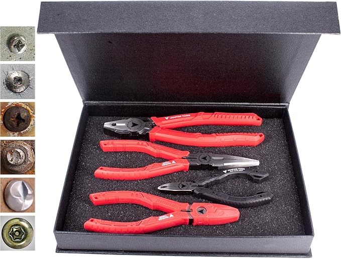 VAMPLIERS 4-Piece Stripped Screw Extractor Pliers Gift Set. Made in Japan. 8" Linesman, 7.5" Long Nose, 6.25" Multipurpose & 5" Mini Pliers. Remove any Stripped/Damaged/Rusted Screws.