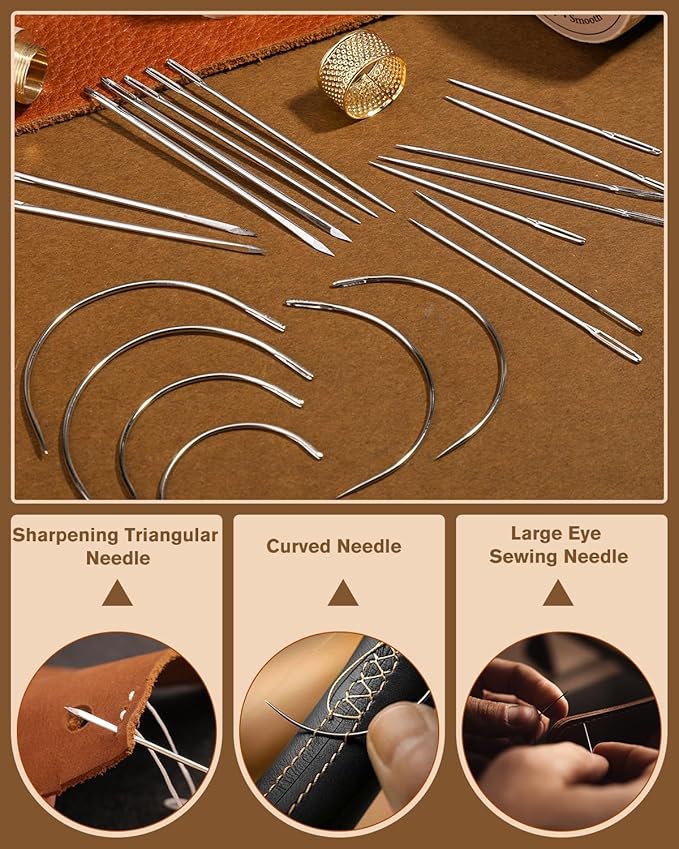 FOUSNOW Leather Sewing Kit, Leather Stitching Kit, Heavy Duty Sewing Kit with Round Waxed Thread, Needles for Hand Stitching, Upholstery Repair Kit for Canvas Carpets Shoe Clothes