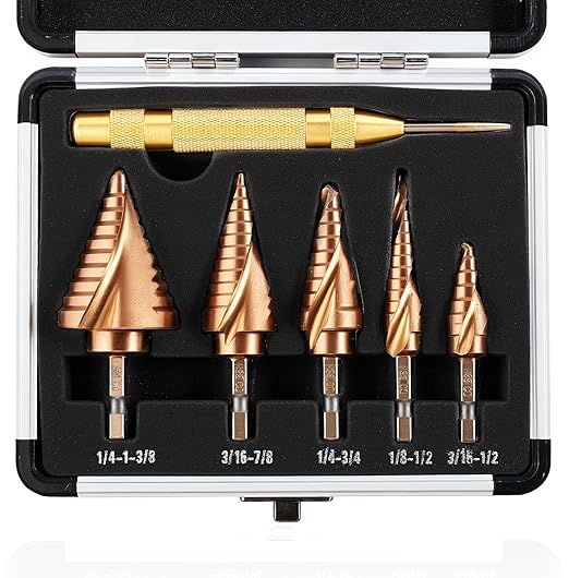 M35 Cobalt Step Drill Bit Set with Automatic Center Punch, 1/8" to 1-3/8", 6 PCS Step Drill Bit for Stainless Steel, Metal, Aluminum, Copper, Wood, PVC