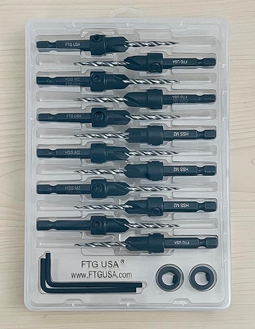 FTG USA 12 Pc #6 (9/64") Countersink Drill Bit Set for Wood with Tapered Drill Bit
