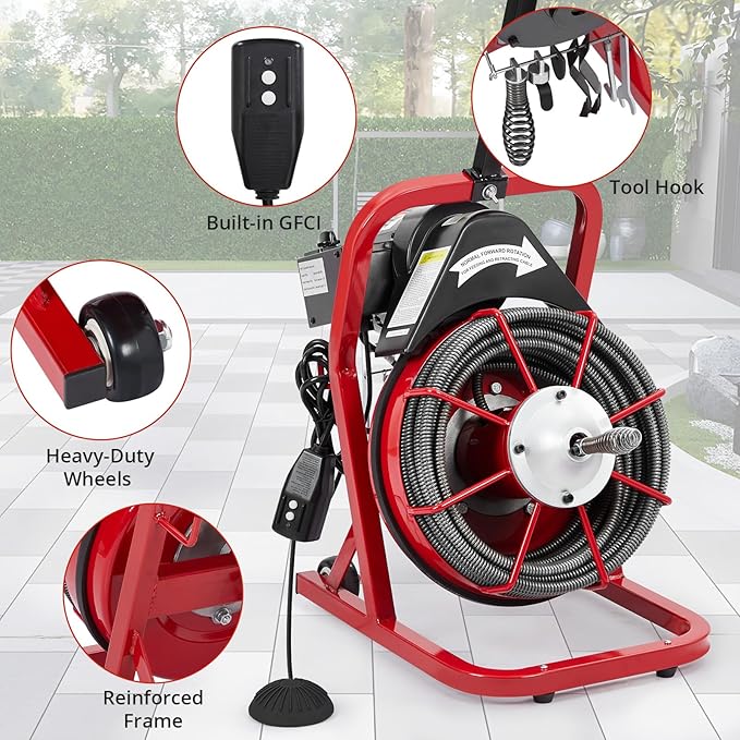 75Ft 3/8 Inch Electric Drain Cleaner Machine Auto Feed Drain Auger for 1 to 4 Inch Pipes Professional Sewer Snake with 4 Cutters Gloves Heavy Duty Clog Remover