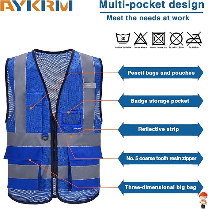 A-SAFETY High Visibility Mesh Safety Reflective Vest with Pockets and Zipper,Hi Viz Work Vest for Men Women (Blue Mesh S)