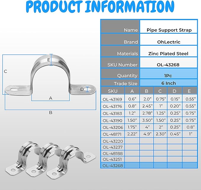 OhLectric Two Hole Rigid Pipe Strap - Sturdy Steel Strap Clamps - Zinc Plated Steel - Reinforced Rib - Corrosion Resistant - Easy to Install - 6 Inches - OL-43268