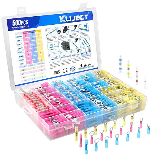 Kuject 500PCS Heat Shrink Wire Connectors, Multipurpose Electrical Wire Connectors Kit, Waterproof Solder Seal Terminal Connectors, Insulated Spade Crimp Ring Butt Splice Connectors for Marine Truck