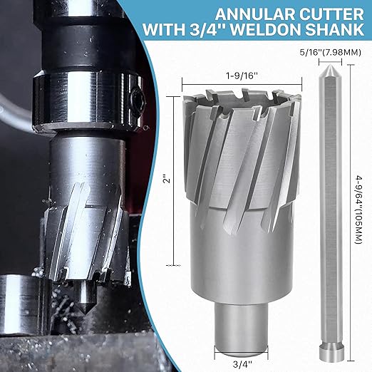 KEENTECH Carbide-Tipped Annular Cutter, 1-9/16" Diameter x 2" Depth, 3/4" Weldon Shank (2 Flat), High Speed Cutting TCT Mag Drill Bit with Pilot Pin for Harder Material, Stainless Steel, Cast Iron