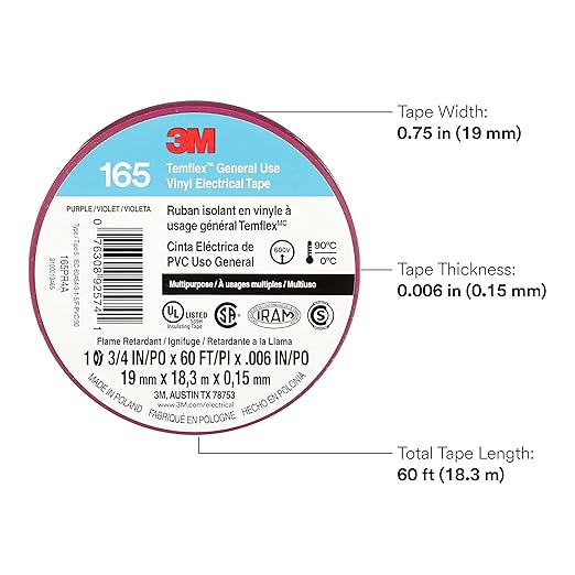 3M Temflex Multi-Purpose Vinyl Electrical Tape 165, Purple, 3/4 in x 60 ft (19 mm x 18 m), 10 Roll Pack